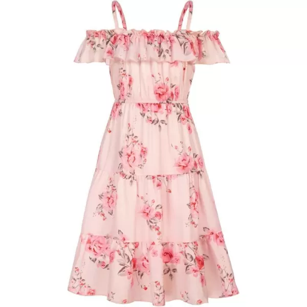 Girls Summer Dress Off Shoulder Ruffle Floral Spaghetti Strap Casual Sundress Tiered Midi DressFloral on Light Pink