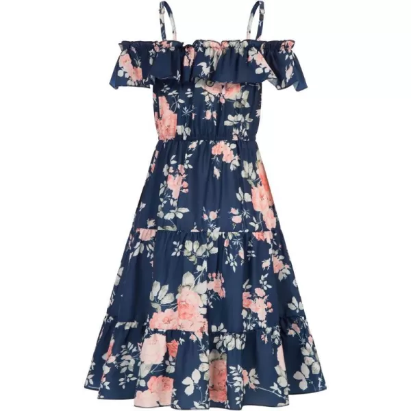 Girls Summer Dress Off Shoulder Ruffle Floral Spaghetti Strap Casual Sundress Tiered Midi DressFloral on Navy Blue