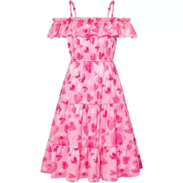 Girls Summer Dress Off Shoulder Ruffle Floral Spaghetti Strap Casual Sundress Tiered Midi DressHot Pink Heart