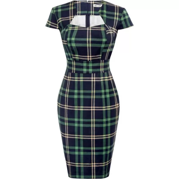 Grace Karin Womens 50s 60s Vintage Pencil Dress Bodycon Cap Sleeve DressBlue Green Plaid