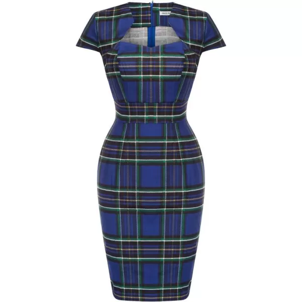 Grace Karin Womens 50s 60s Vintage Pencil Dress Bodycon Cap Sleeve DressBlue Plaid