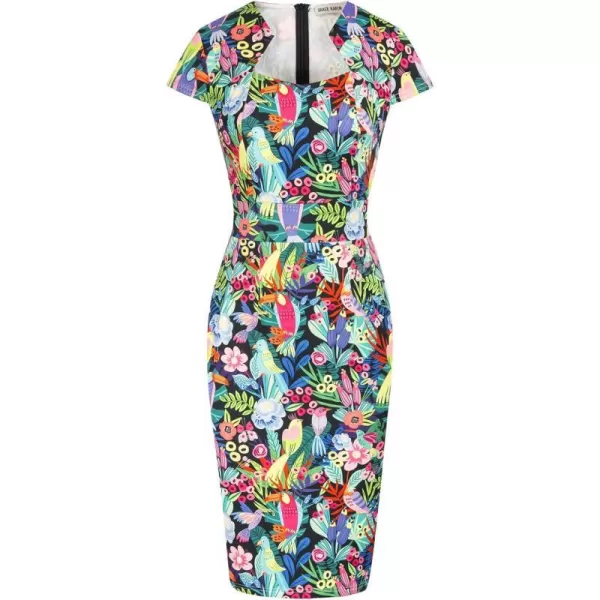 Grace Karin Womens 50s 60s Vintage Pencil Dress Bodycon Cap Sleeve DressFloralbird