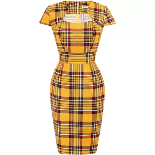 Grace Karin Womens 50s 60s Vintage Pencil Dress Bodycon Cap Sleeve DressYellow Plaid