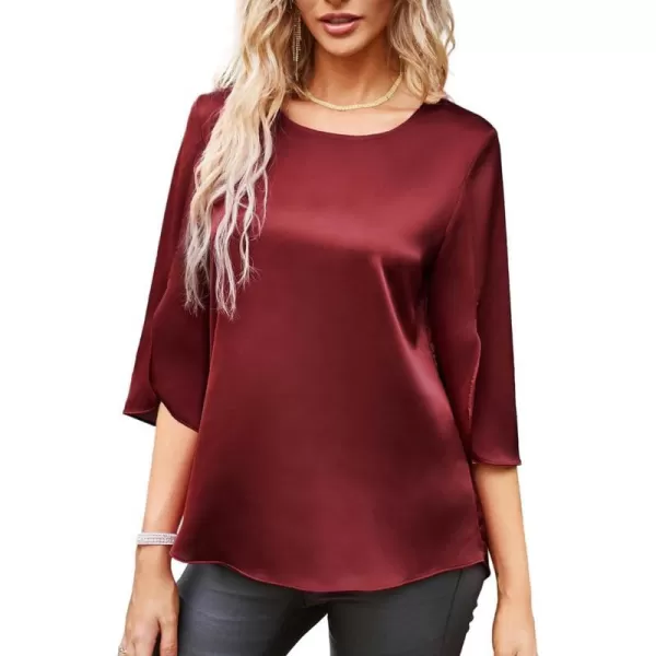 Women Casual Scoop Neck Loose Top 34 Sleeve Satin Chiffon Blouse TopsDark Red