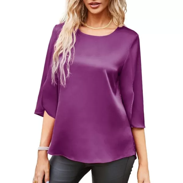 Women Casual Scoop Neck Loose Top 34 Sleeve Satin Chiffon Blouse TopsRose Purple