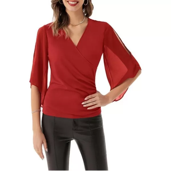 Women Chiffon 34 Sleeve Elegant Blouse Tops V Neck Wrap Stretch Flattring Casual Party Tops Red LWomen Chiffon 34 Sleeve Elegant Blouse Tops V Neck Wrap Stretch Flattring Casual Party Tops Red L