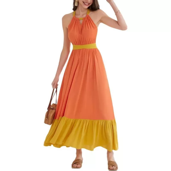 Women Cross Back Aline Dress Sleeveless Halter V Neck Ruffle Long Dress Orange SWomen Cross Back Aline Dress Sleeveless Halter V Neck Ruffle Long Dress Orange S