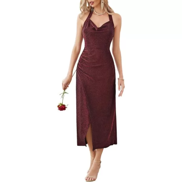 Women Formal Wedding Guest Dresses Lurex Halter Cowl Neck Wrap Cocktail Dresses for Evening Prom PartyDark Red