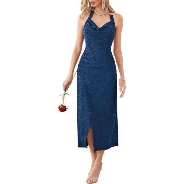 Women Formal Wedding Guest Dresses Lurex Halter Cowl Neck Wrap Cocktail Dresses for Evening Prom PartyRoyal Blue