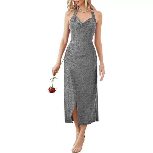 Women Formal Wedding Guest Dresses Lurex Halter Cowl Neck Wrap Cocktail Dresses for Evening Prom PartySilver Gray