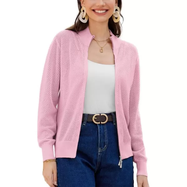 Womens 2024 Summer Mesh Cardigan Lightweight Long Sleeve Zip Up Crochet Knit Sweater Jacket Athleisure OutfitsPink