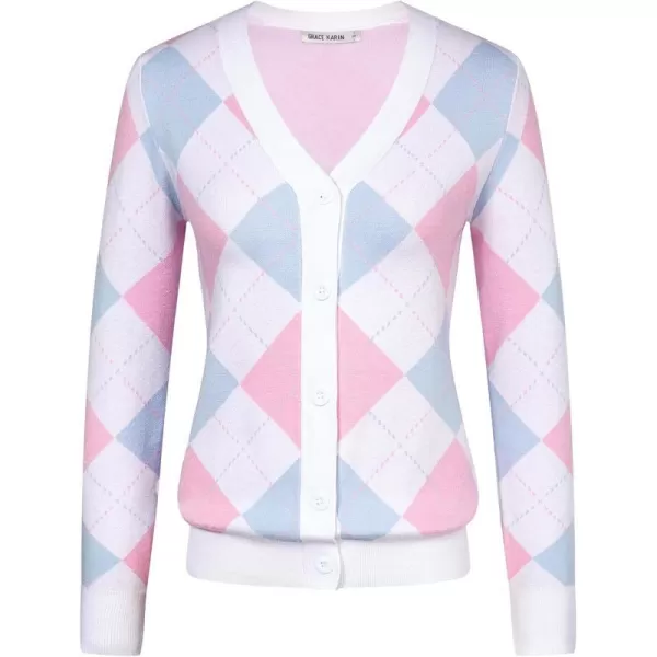 Womens Argyle Preppy Cardigan Sweater Casual V Neck Button Down Knit Cardigan Color Block Shrugs S2XLLight Blue Pink