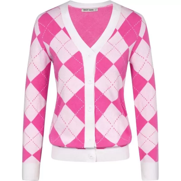 Womens Argyle Preppy Cardigan Sweater Casual V Neck Button Down Knit Cardigan Color Block Shrugs S2XLPink White