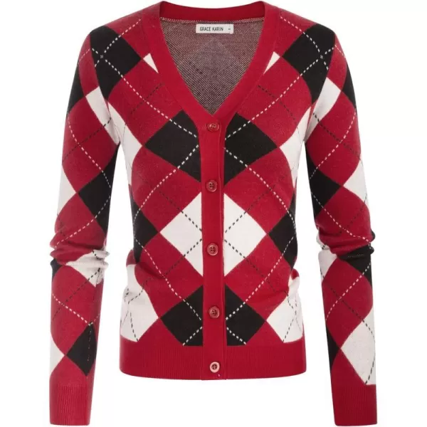 Womens Argyle Preppy Cardigan Sweater Casual V Neck Button Down Knit Cardigan Color Block Shrugs S2XLPlaid Deep Red