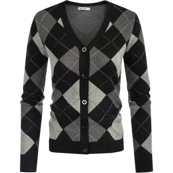 Womens Argyle Preppy Cardigan Sweater Casual V Neck Button Down Knit Cardigan Color Block Shrugs S2XLPlaid Gray Black