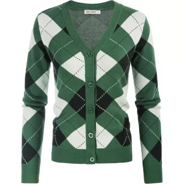 Womens Argyle Preppy Cardigan Sweater Casual V Neck Button Down Knit Cardigan Color Block Shrugs S2XLPlaid Green White