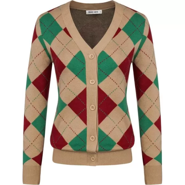 Womens Argyle Preppy Cardigan Sweater Casual V Neck Button Down Knit Cardigan Color Block Shrugs S2XLRed Green