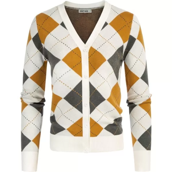 Womens Argyle Preppy Cardigan Sweater Casual V Neck Button Down Knit Cardigan Color Block Shrugs S2XLWhite Yellow Gray