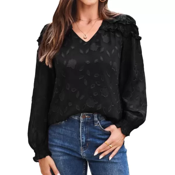 Womens Blouses Top Dressy Work Long Sleeve V Neck Top Floral Double Layers Blouse ShirtsBlack