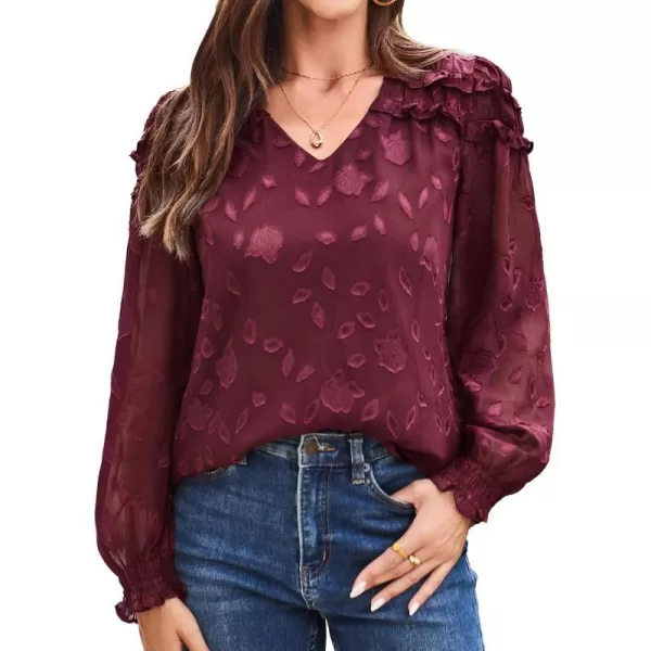 Womens Blouses Top Dressy Work Long Sleeve V Neck Top Floral Double Layers Blouse ShirtsRed