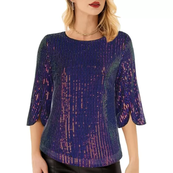 Womens Sparkle Sequin Party Blouse Tops Shimmer Glitter 34 Slit Sleeve Dressy TopsBlue Purple