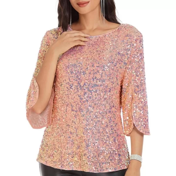 Womens Sparkle Sequin Party Blouse Tops Shimmer Glitter 34 Slit Sleeve Dressy TopsColorful Pink