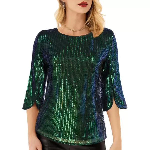 Womens Sparkle Sequin Party Blouse Tops Shimmer Glitter 34 Slit Sleeve Dressy TopsGreen