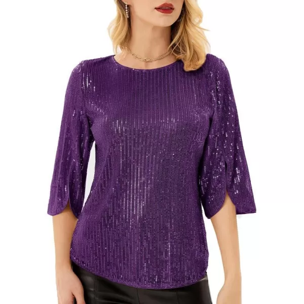 Womens Sparkle Sequin Party Blouse Tops Shimmer Glitter 34 Slit Sleeve Dressy TopsPurple