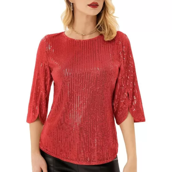 Womens Sparkle Sequin Party Blouse Tops Shimmer Glitter 34 Slit Sleeve Dressy TopsRed