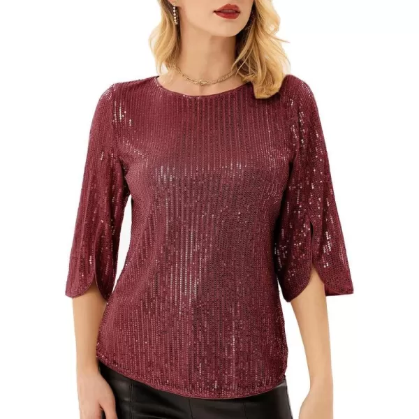 Womens Sparkle Sequin Party Blouse Tops Shimmer Glitter 34 Slit Sleeve Dressy TopsWine Red