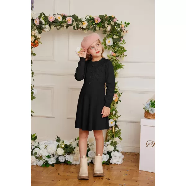 GRACE KARIN Girl Dress Long Sleeve Sweater Ruffle Button Front Knit Casual Fall Winter Dresses for Girls 512Black