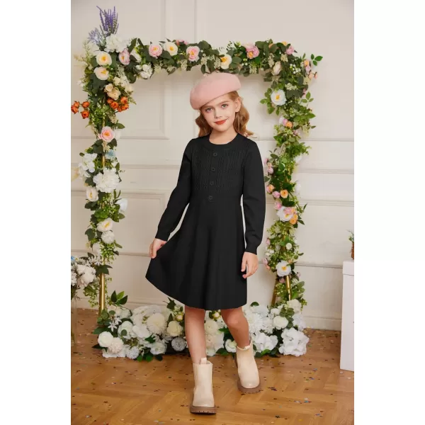 GRACE KARIN Girl Dress Long Sleeve Sweater Ruffle Button Front Knit Casual Fall Winter Dresses for Girls 512Black