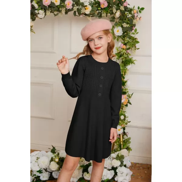 GRACE KARIN Girl Dress Long Sleeve Sweater Ruffle Button Front Knit Casual Fall Winter Dresses for Girls 512Black