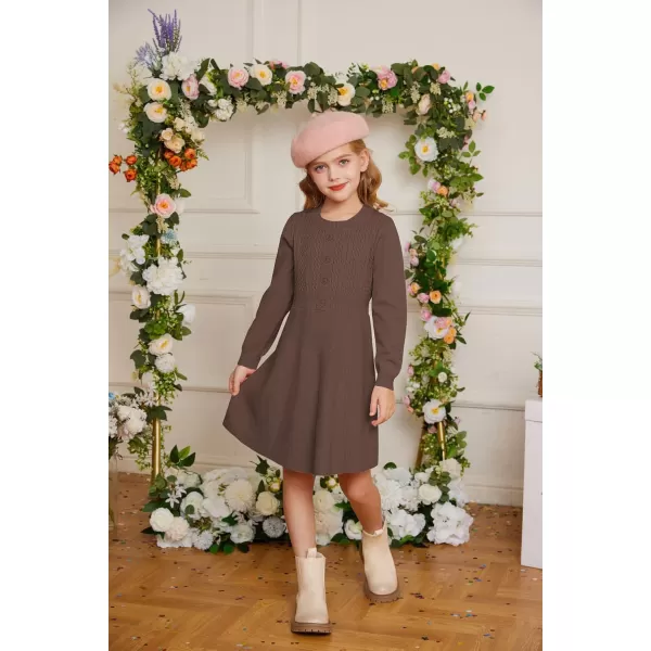 GRACE KARIN Girl Dress Long Sleeve Sweater Ruffle Button Front Knit Casual Fall Winter Dresses for Girls 512Brown
