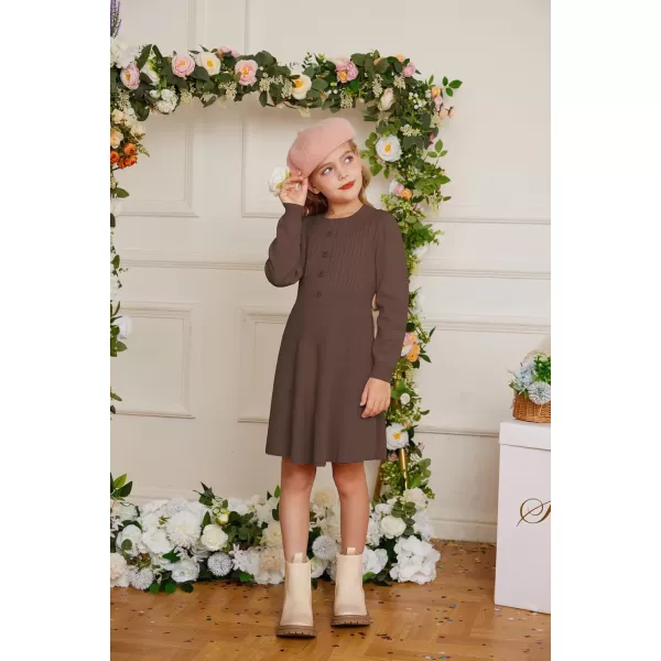 GRACE KARIN Girl Dress Long Sleeve Sweater Ruffle Button Front Knit Casual Fall Winter Dresses for Girls 512Brown