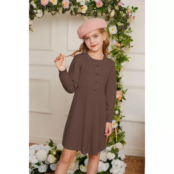 GRACE KARIN Girl Dress Long Sleeve Sweater Ruffle Button Front Knit Casual Fall Winter Dresses for Girls 512Brown