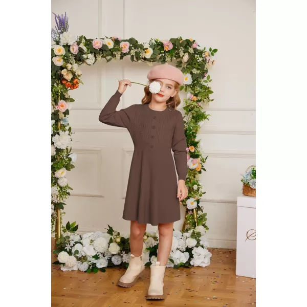 GRACE KARIN Girl Dress Long Sleeve Sweater Ruffle Button Front Knit Casual Fall Winter Dresses for Girls 512Brown