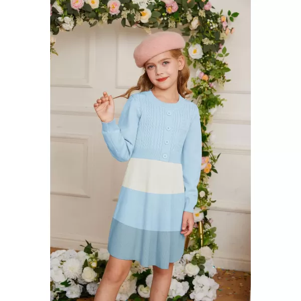 GRACE KARIN Girl Dress Long Sleeve Sweater Ruffle Button Front Knit Casual Fall Winter Dresses for Girls 512Color Blockblue