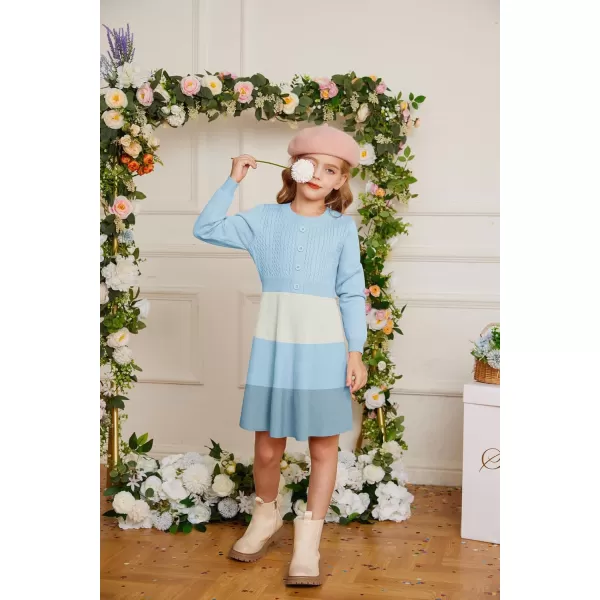 GRACE KARIN Girl Dress Long Sleeve Sweater Ruffle Button Front Knit Casual Fall Winter Dresses for Girls 512Color Blockblue