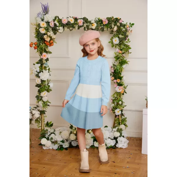 GRACE KARIN Girl Dress Long Sleeve Sweater Ruffle Button Front Knit Casual Fall Winter Dresses for Girls 512Color Blockblue