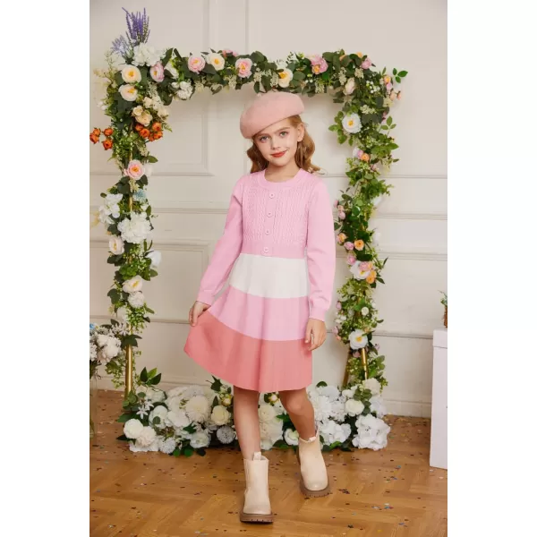 GRACE KARIN Girl Dress Long Sleeve Sweater Ruffle Button Front Knit Casual Fall Winter Dresses for Girls 512Color Blockpink