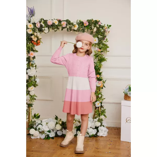 GRACE KARIN Girl Dress Long Sleeve Sweater Ruffle Button Front Knit Casual Fall Winter Dresses for Girls 512Color Blockpink