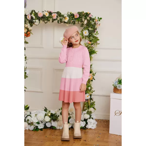 GRACE KARIN Girl Dress Long Sleeve Sweater Ruffle Button Front Knit Casual Fall Winter Dresses for Girls 512Color Blockpink