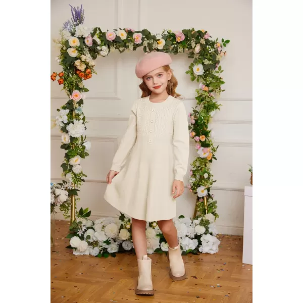 GRACE KARIN Girl Dress Long Sleeve Sweater Ruffle Button Front Knit Casual Fall Winter Dresses for Girls 512Cream