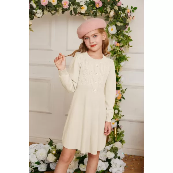 GRACE KARIN Girl Dress Long Sleeve Sweater Ruffle Button Front Knit Casual Fall Winter Dresses for Girls 512Cream