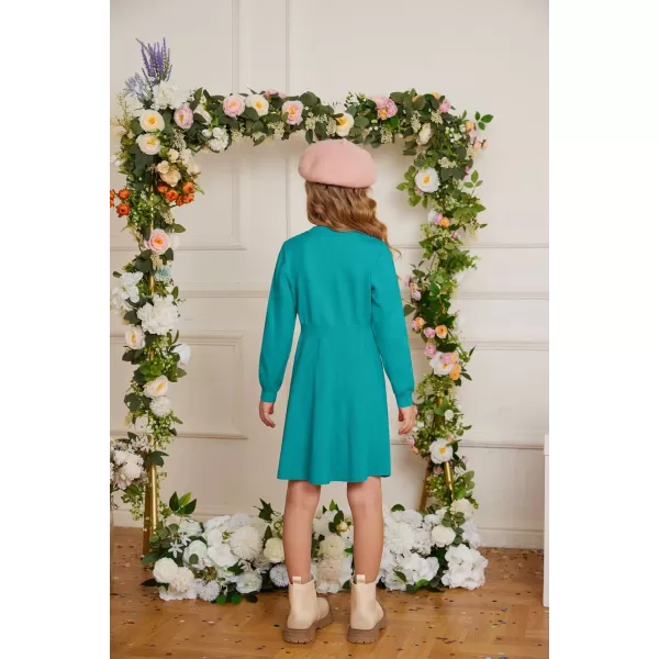 GRACE KARIN Girl Dress Long Sleeve Sweater Ruffle Button Front Knit Casual Fall Winter Dresses for Girls 512Diamond Green