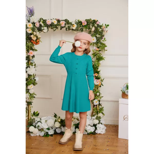 GRACE KARIN Girl Dress Long Sleeve Sweater Ruffle Button Front Knit Casual Fall Winter Dresses for Girls 512Diamond Green