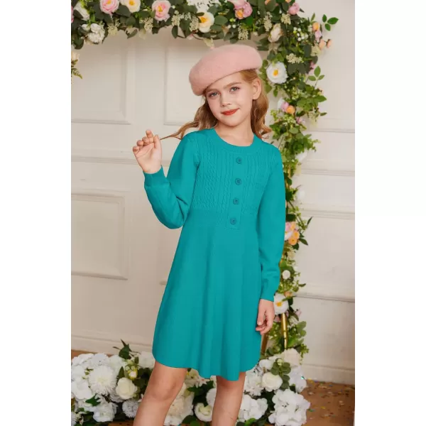 GRACE KARIN Girl Dress Long Sleeve Sweater Ruffle Button Front Knit Casual Fall Winter Dresses for Girls 512Diamond Green