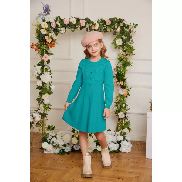 GRACE KARIN Girl Dress Long Sleeve Sweater Ruffle Button Front Knit Casual Fall Winter Dresses for Girls 512Diamond Green