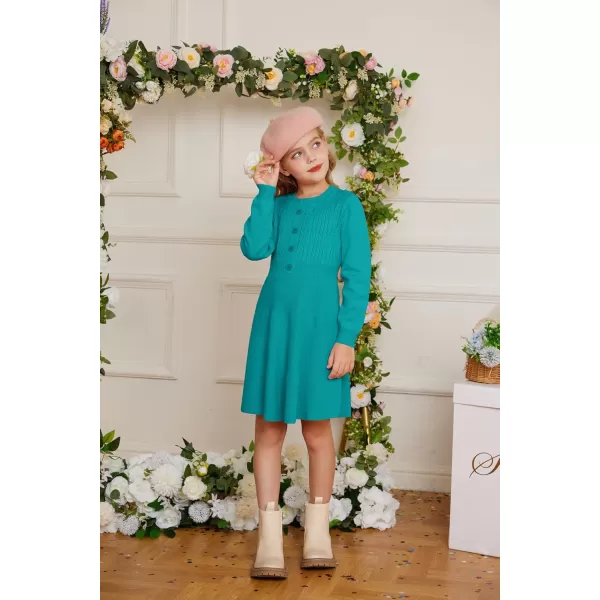 GRACE KARIN Girl Dress Long Sleeve Sweater Ruffle Button Front Knit Casual Fall Winter Dresses for Girls 512Diamond Green